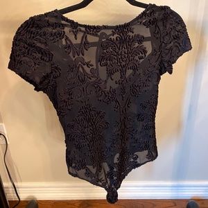 Black low back body suit with velvet design size M
